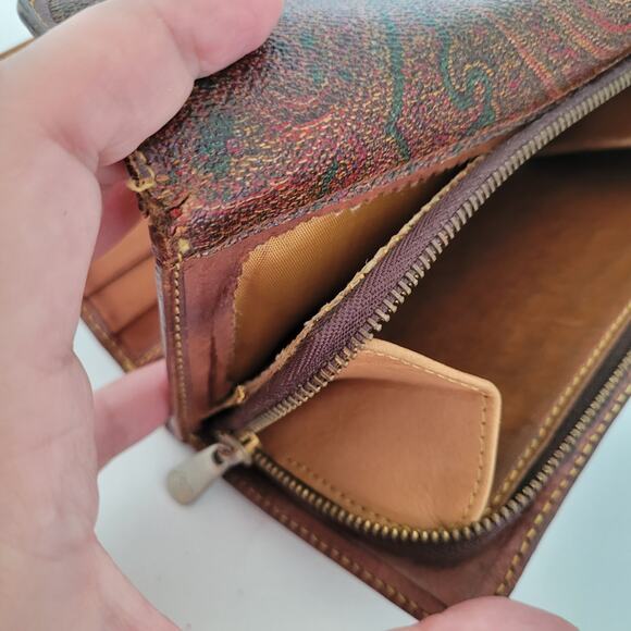 Etro Vintage Brown Paisley Medium Leather Wallet Logo Italian Trifold Zip Fair - Picture 9 of 15